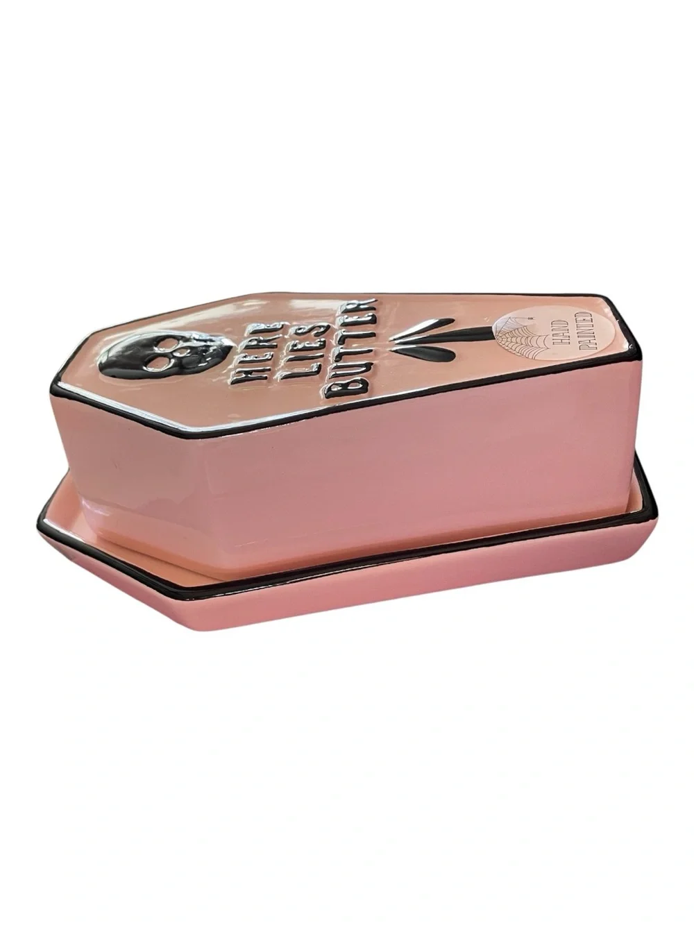 Cobwebs & Cauldrons Hand Painted “Here Lies Butter” Butter Dish Pink Black NWT